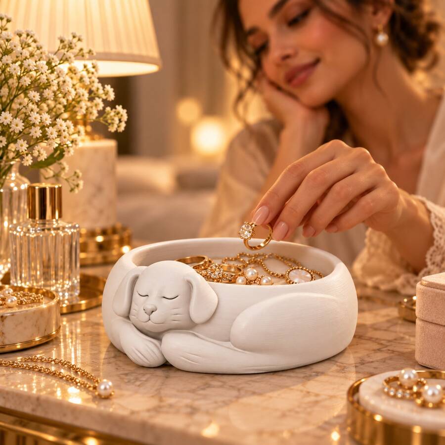 1pc Sleeping Puppy Resin Jewelry Storage Tray, Puppy Shaped Jewelry Bowl, Desktop Decor, Key & Ring Holder - Multicolor - View 1