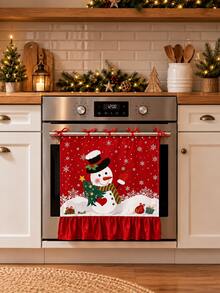 1pc Snowman & Snowflake Print Oven Curtain, With Ribbon Tie Top And Red Ruffle Edge, Short Kitchen Tier Curtain, Decorative Cover Cloth, Suitable For Stove, Oven, Open Cabinet And Small Window, Christmas Country Style Home Decor - Snowman and Snowflake - View 9