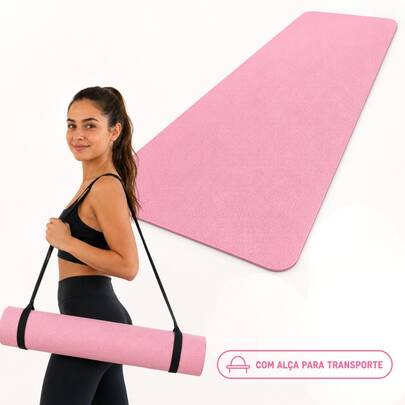 Tapete de Yoga Mat Pilates Fitness Abdominal Prancha Corda 100x50cm 5mm com Alça para Transporte e Exercícios