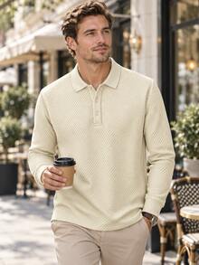 1pc Men's Breathable Golf Polo Shirt, Long Sleeve Button Placket, Lightweight & Comfortable, Regular Fit, Club Outdoor Golf Performance Top - Khaki - View 2