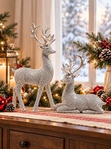 2pcs Silver Reindeer Figurines Set, Sparkling Christmas Deer Statues With Standing & Reclining Designs, Elegant Holiday Tabletop Decor For Mantel Fireplace Shelf Living Room Dining Table, Winter Xmas Home Decoration Gift - New - View 1