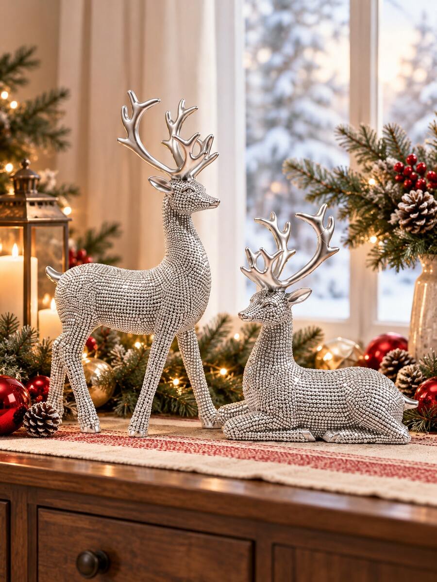 2pcs Silver Reindeer Figurines Set, Sparkling Christmas Deer Statues With Standing & Reclining Designs, Elegant Holiday Tabletop Decor For Mantel Fireplace Shelf Living Room Dining Table, Winter Xmas Home Decoration Gift - New - View 1