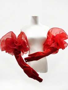2/1 Long Puff Sleeve Oversized Ruffle Cuff Sheer Mesh Gloves, Suitable For Wedding, Opera, Party And Performance Outfits - Red - View 14
