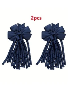 2 Pcs Navy Blue Curly Ribbon Hair Bow Clips, Corkscrew Streamer Bow Alligator Clips Ponytail Accessories For Girls Autumn Hair Accessories - Navy Blue - View 4