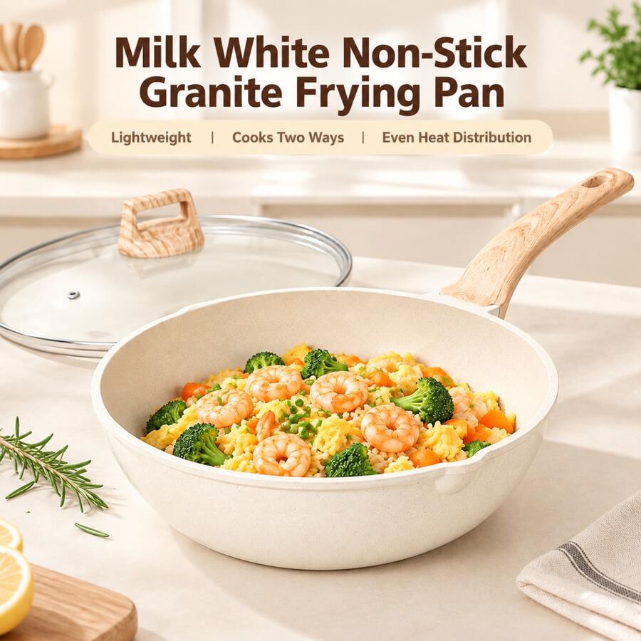 Maifan Stone Non-Stick Frying Pan With Glass Lid, Black/White Stir-Fry Pan With Wood Grain Handle, Home Cooking Pan For Frying, Stir-Frying And Daily Cooking