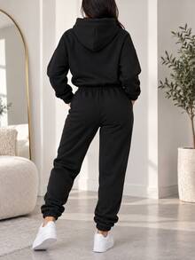 Conjunto para mujer estilo casual urbano estampado de letras tela suave holgado capucha manga larga otoño invierno uso diario set dos piezas sudadera - Negro Capucha - Ver 2