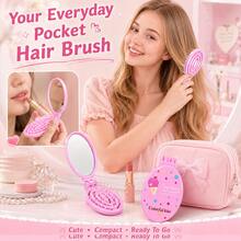 MONKIDS 2pcs Portable Folding Air Cushion Comb With Mirror, Wet & Dry Use, Unisex, Travel Makeup Comb, Mini Hairbrush For Girls, Suitable For All Hair Types Including Straight, Curly, Thick, Long, Wavy And Damaged Hair - Pink - View 2