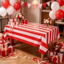 1pc Red & White Striped Disposable Plastic Rectangular Tablecloth 54x108 Inches, Carnival Circus Party, Birthday, Picnic, Indoor/Outdoor Holiday Dining Decoration Disposable Tablecloth - Red Stripes - View 5