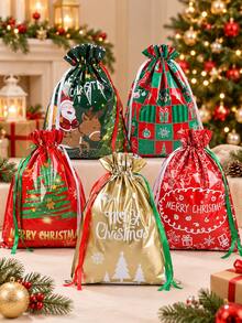 1pc Christmas Drawstring Gift Bag, Small/Medium/Large Assorted, Colorful Drawstring, Shiny Aluminum Foil Reusable Material, With Label, Suitable For Christmas Holiday Gift Packaging And Christmas Decoration - Multicolor - View 2