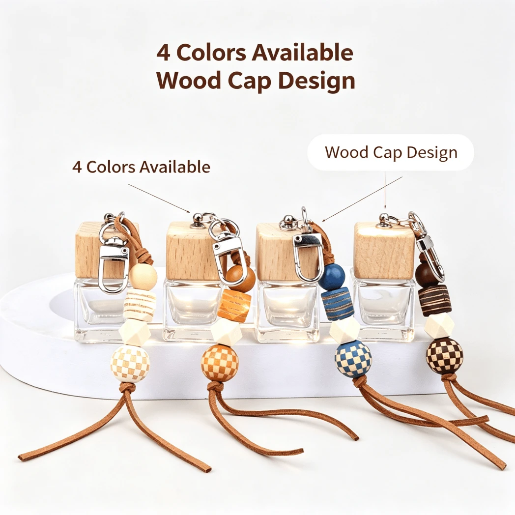 8ML Car Mounted Perfume Empty Glass Bottle, Manual Perfume Bottle With Beaded Chain Wooden Cover, Rearview Mirror Pendant, Lady's Bag Accessories, Portable Replaceable Perfume Container, Suitable For Holiday Gifts, Daily Use - Multicolor - View 1