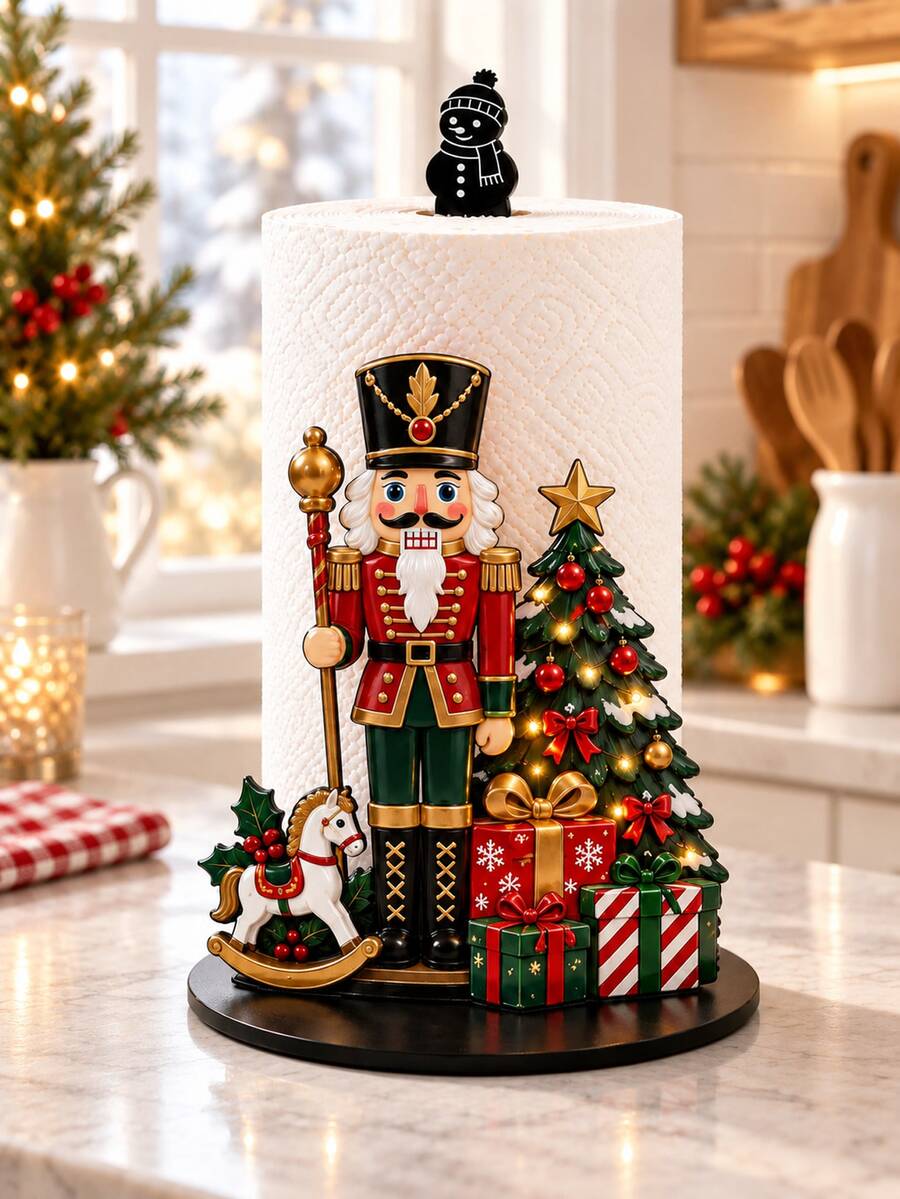2D FLAT Christmas Decor Kitchen Paper Towel Holder (No Power Light) - Desktop Tabletop Paper Towel Rack (Combines Display And Storage Functions), Fun Nutcracker Design, Suitable For Kitchen, Bathroom, Living Room And Dining Room, Creates A Warm Christmas Atmosphere Decorative Item. (Paper Towels Not Included) - Multicolor - View 1