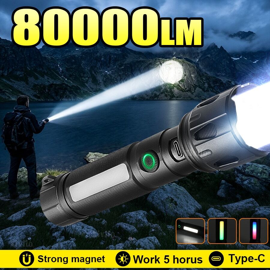 Rechargeable Portable LED Flashlight, 13 Modes, RGB Ambient Side Light With Magnetic Base, Aluminum Alloy Material, Waterproof For Hunting, Fishing, Hiking, Outdoor Emergency