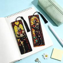 Vintage Gothic Acrylic Book Marker, Knight Reading Figure Stained Window Pattern Bookmark With Black Tassel, Reader Gift - Rectangle - View 11