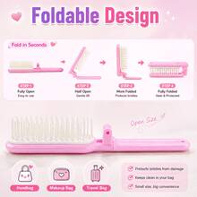 MONKIDS 2pcs/Set Foldable Portable Hair Comb, Cute Girl Style Cartoon Print Detangling Comb, Mini Plastic Comb For Easy Untangling Of Knotted Hair, Suitable For Daily Home Use And Travel - Pink - View 7