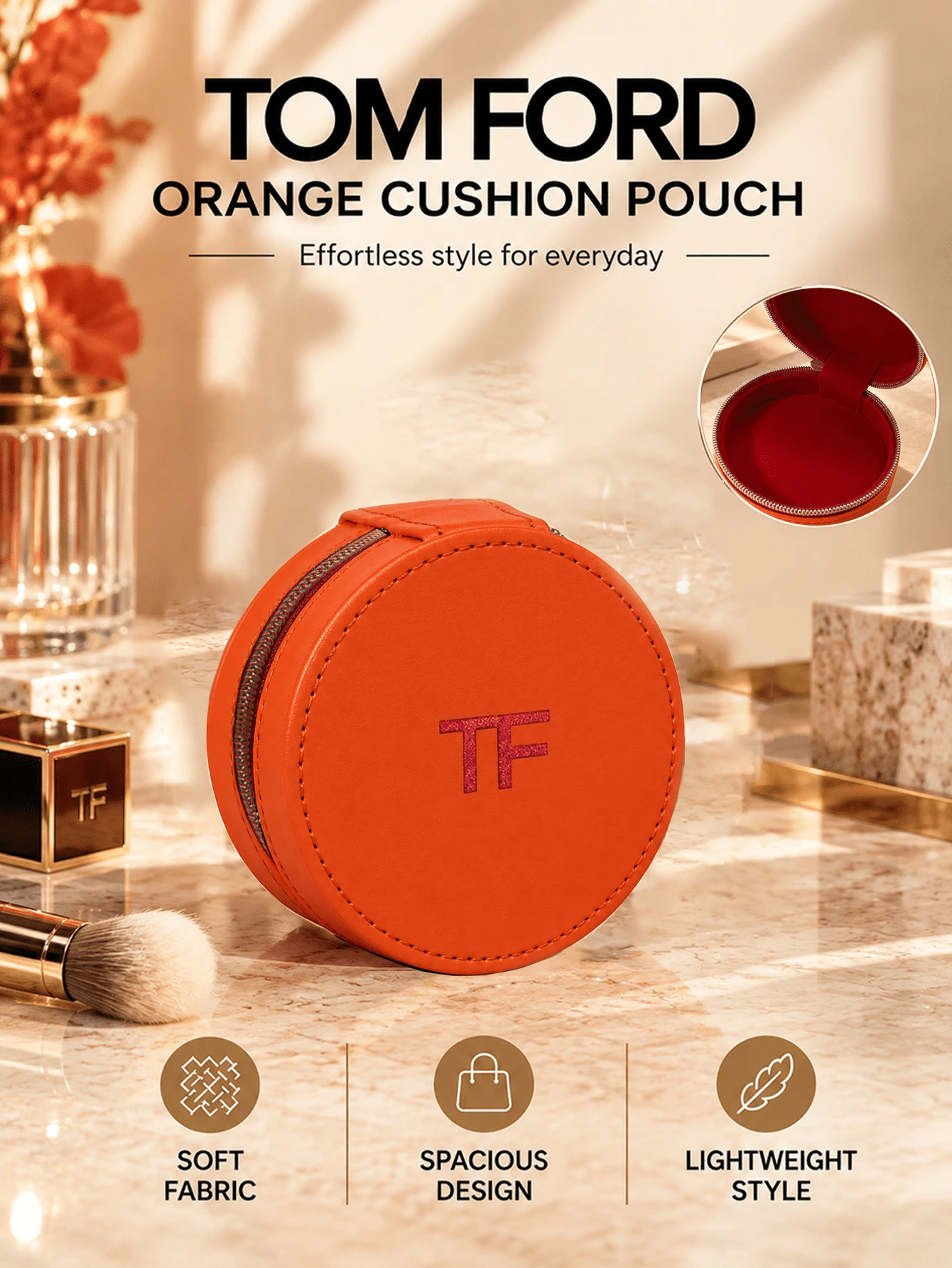 Tom Ford TF Orange Cushion Bag, 8.7*4.9cm, Portable, Zipper Closure, Smooth Material, Simple And Elegant, Travel Essential, Suitable For Cosmetic Storage