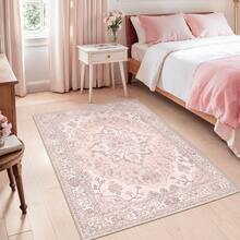 1pc Soft Pink Vintage Floral Pattern Printed Low Pile Carpet, Anti-Slip Anti-Stain Washable, Acetate Bonded Printed Rug Mat, Suitable For Living Room, Entrance, Bedside, Game Room, Home Decor, Room Decoration - Multicolor - View 1
