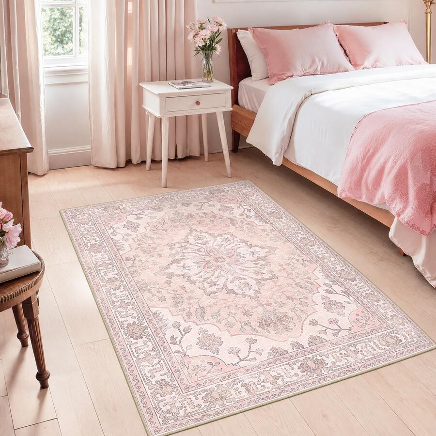 1pc Soft Pink Vintage Floral Pattern Printed Low Pile Carpet, Anti-Slip Anti-Stain Washable, Acetate Bonded Printed Rug Mat, Suitable For Living Room, Entrance, Bedside, Game Room, Home Decor, Room Decoration - Multicolor - View 1