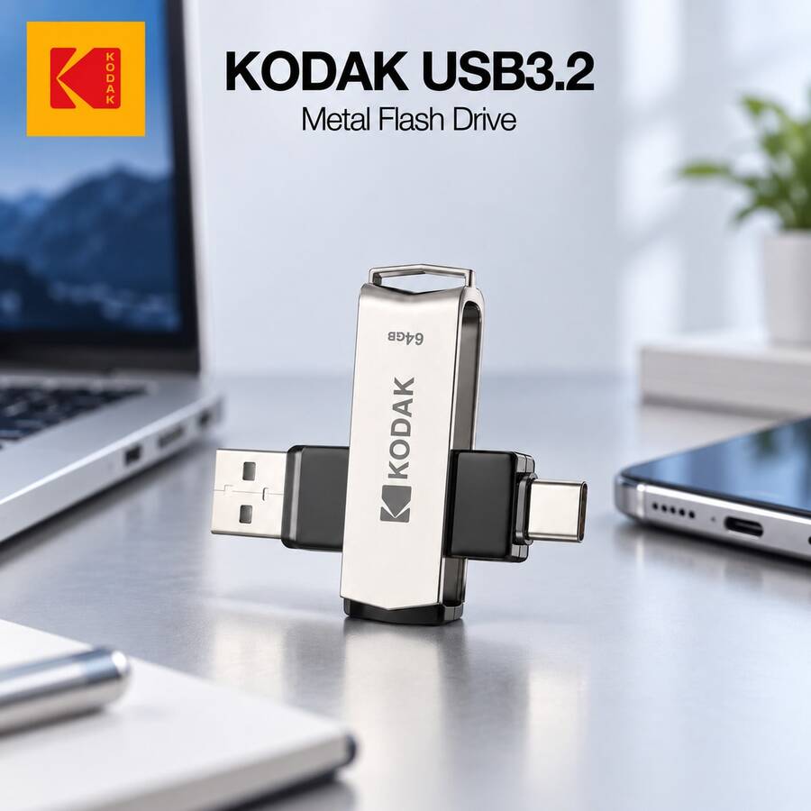 Kodak 64GB USB Flash Drive, Optional 32GB/64GB/128GB/256GB Capacity, USB 3.2 Interface, Suitable For Photo And Video Storage, Compatible With Android/PC/Mobile Phone, Perfect As A Business Gift - View 1
