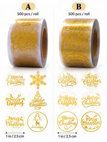 1000PCS/2ROLL Gold Foil Merry Christmas Round Stickers Roll, Self‑Adhesive Labels For Gift Sealing Decor - Multicolor - View 2