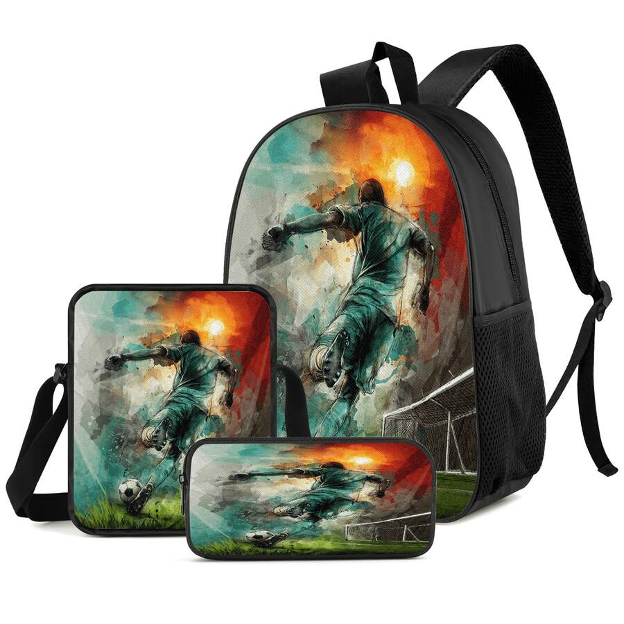 Sunset Court Player 2D Print 3 Pieces Set, Large Capacity Backpack With Crossbody Bag And Pencil Case, Side Elastic Mesh Pocket For Water Bottle Storage, Wide Breathable Adjustable Shoulder Straps, Sports Fan Style For Game, Commute, Travel And Daily Storage - Printed Bag - View 1