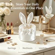 Christmas Gift Satin Ruched Rabbit Ear Jewelry Organizer Storage Box, Decorative Desktop Storage Holder For Earrings, Necklaces, Lipsticks, Makeup Brushes, White & Pink Cute Women's Desktop Organizer - Multicolor - View 9