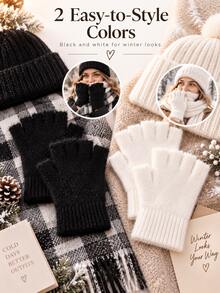 Women's Winter Fingerless Gloves, Thick Warm Knitted Hand Warmers, Ribbed Cuffs, Fingerless Design Convenient For Phone Use, Black And White Color, Suitable For Commuting, Driving, Travel, Outdoor Daily Wear, Christmas And New Year Gift - Multicolor - View 8