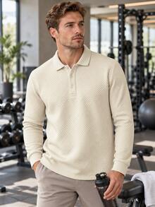 1pc Men's Breathable Golf Polo Shirt, Long Sleeve Button Placket, Lightweight & Comfortable, Regular Fit, Club Outdoor Golf Performance Top - Khaki - View 4
