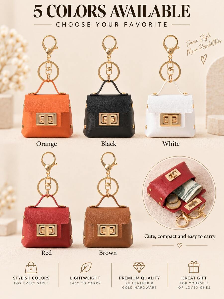 1pc Mini Handbag Keychain, PU Leather Mini Wallet Pendant With Rotating Lock, Portable Earphone Case Coin Purse Keychain With Lobster Clasp, Suitable For Women - Multicolor - View 1