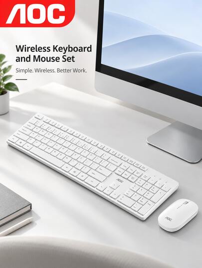 AOC Kabelloses 2,4-GHz Tastatur-Maus-Set, Full-Size-Tastatur mit 105 Tasten und Ziffernblock, Leichte 57-g-Maus, USB-Verbindung mit Empfänger, Plug and Play, für PC, Desktop, All-in-One und Laptop, Büro, Lernen und Zuhause