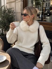 Women's Winter Knitted Long Sleeve Sweater With Faux Fur Collar, V-Neck Regular Fit Pullover Top - Off-white - View 3