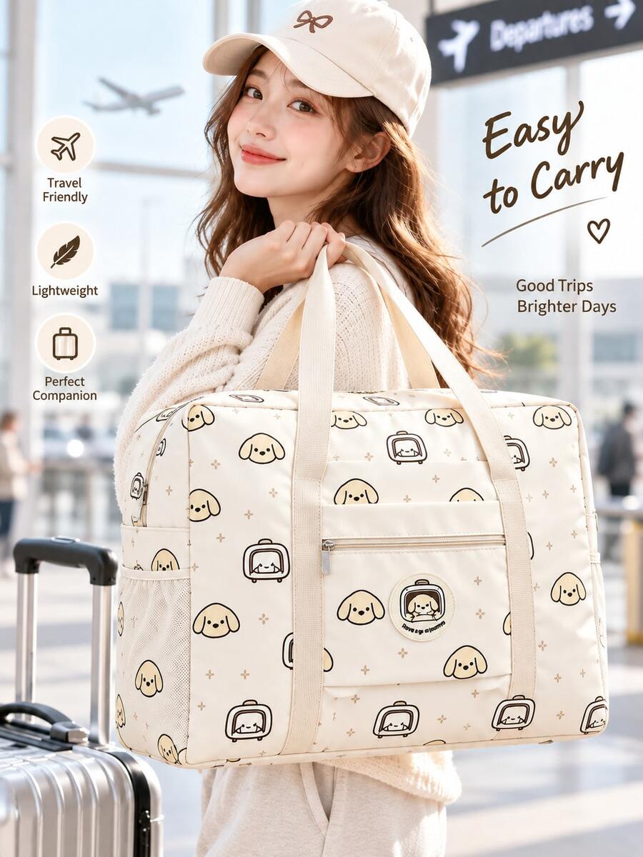 Large Capacity Travel Storage Bag, Cute Puppy Print Carry-On Duffel With Suitcase Trolley Sleeve, Front Pocket And Comfortable Handles, Portable Clothes Organizer For Vacation, Business Trips And Daily Use - View 1
