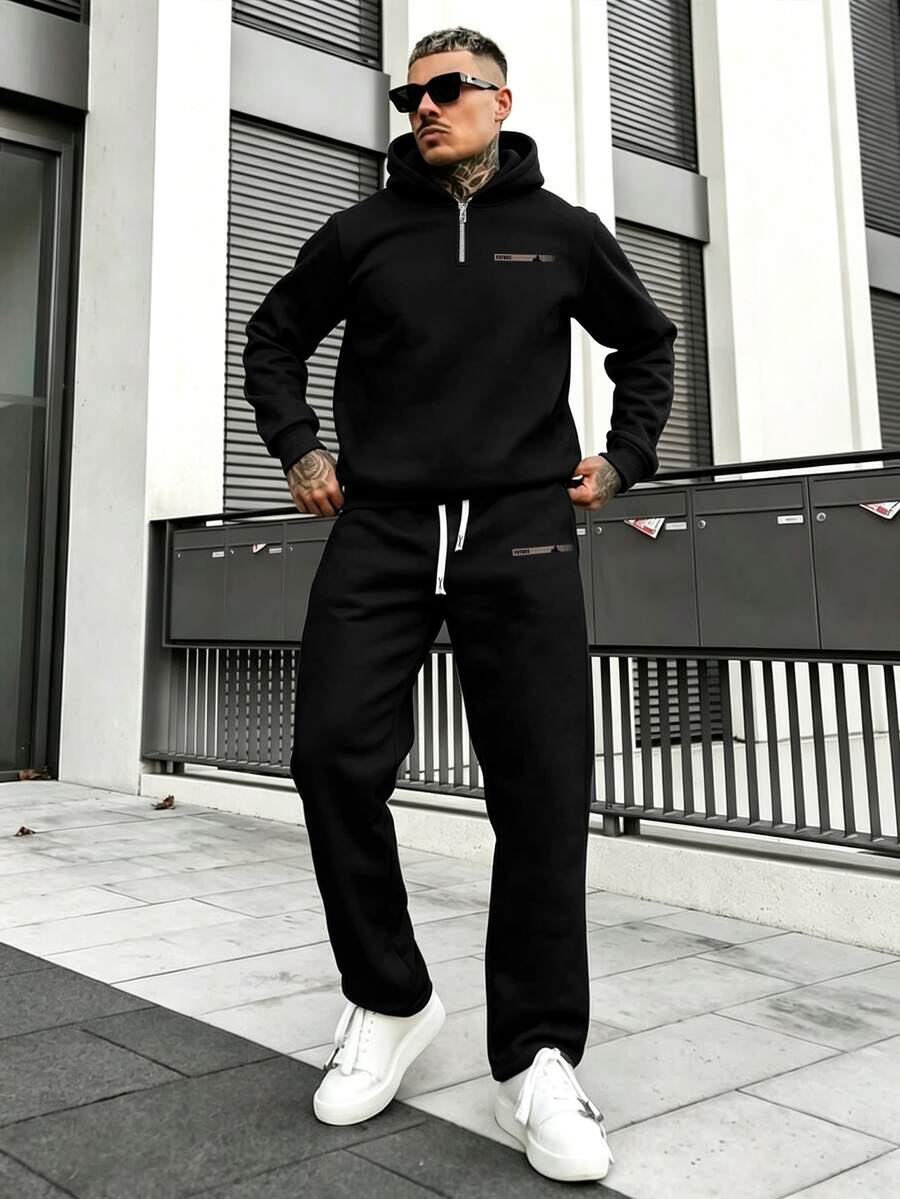 Men's Autumn/Winter Letter Print Thermal Lined Warm Half-Zip Hooded Sweatshirt And Drawstring Waist Straight Leg Pants Set - Black - View 1