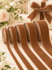 Caramel Brown Velvet Ribbon Roll (10 Yards) - 6mm To 25mm, Suitable For DIY Autumn Hair Accessories, Gift Box Packaging, Wedding Decoration, Sewing Trim And Handmade Soft Fabric Ribbon - Brown Flocked Strap - View 1