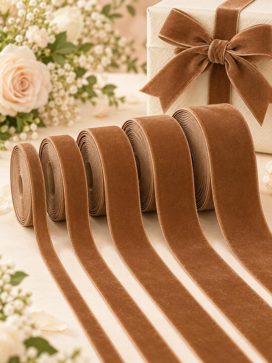 Caramel Brown Velvet Ribbon Roll (10 Yards) - 6mm To 25mm, Suitable For DIY Autumn Hair Accessories, Gift Box Packaging, Wedding Decoration, Sewing Trim And Handmade Soft Fabric Ribbon - Brown Flocked Strap - View 1