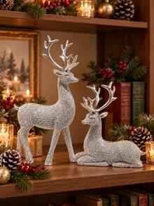 2pcs Silver Reindeer Figurines Set, Sparkling Christmas Deer Statues With Standing & Reclining Designs, Elegant Holiday Tabletop Decor For Mantel Fireplace Shelf Living Room Dining Table, Winter Xmas Home Decoration Gift - New - View 8