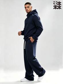 MULINSEN Men 2Pcs Outfit,Button Placket Hooded Sweatshirt & Drawstring Wide Leg Sweatpants Set,Solid Color Casual Street Tracksuit - Royal Blue - View 4
