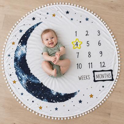 Newborn Photography Props, Round Moon & Stars Baby Milestone Blanket, Pom Pom Trim, Weekly & Monthly Photo Backdrop, Baby Gift For Boys & Girls