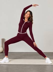 Never me Women's Half Zip Collar Sweatshirt & Loose Straight Leg Pants Casual Two Pieces Set - Rusty Rose - View 5