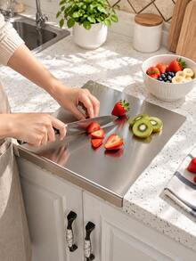 Stainless Steel Folded Edge Cutting Board, Double-Sided Kitchen Chopping Board, Suitable For Meat, Vegetables, Fruit, Dough, Food Preparation Countertop, Easy To Clean And Reusable Kitchen Cutting Mat, Home Cooking And Baking Kitchen Accessory - Multicolor - View 16