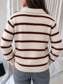 Plus Size Women Collar V Neck Long Sleeve Striped Knit Sweater, Loose Pullover Fall Outfit - Apricot - View 3
