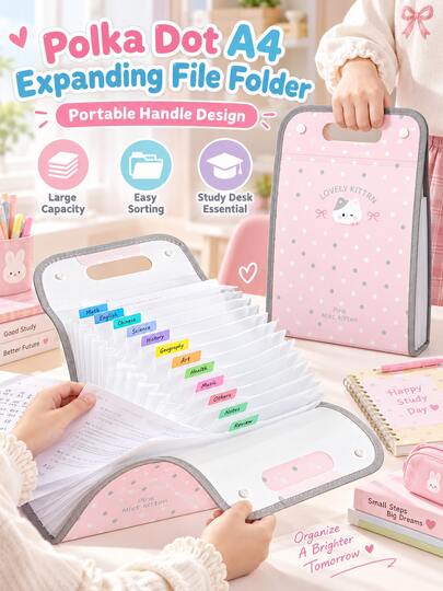 1pc Polka Dot A4 Expanding File Folder, Portable Accordion Paper Organizer For Ages 3+, Kindergarten, Elementary Kids & School Supplies