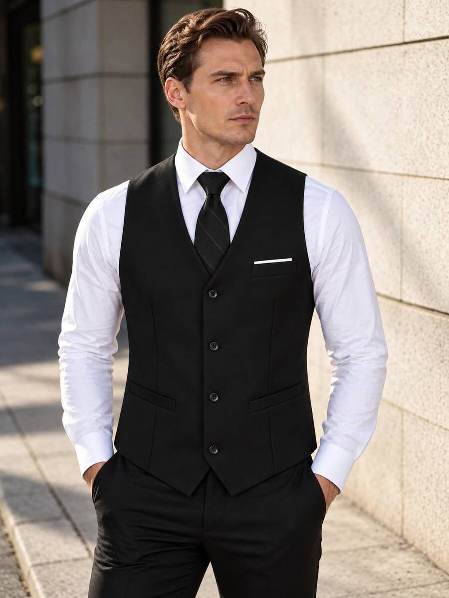 Setelan Jas Pria 2 Potong, Rompi Formal Slim Fit Warna Polos dan Dasi Garis Hitam, Rompi Formal Pria, Cocok untuk Bisnis, Pernikahan, Pesta Dansa, dan Acara Lainnya - Hitam - View 1