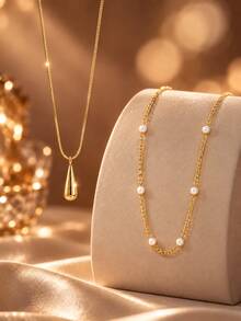 VceTd 2PCS French Gentle Style Stainless Steel Women's Necklace Set With Water Drop Pendant And White Round Bead Necklace, Suitable For Daily Layering Or Wearing At Dates And Gatherings - Yellow Gold - View 1