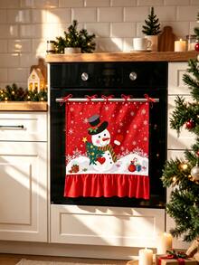 1pc Snowman & Snowflake Print Oven Curtain, With Ribbon Tie Top And Red Ruffle Edge, Short Kitchen Tier Curtain, Decorative Cover Cloth, Suitable For Stove, Oven, Open Cabinet And Small Window, Christmas Country Style Home Decor - Snowman and Snowflake - View 8