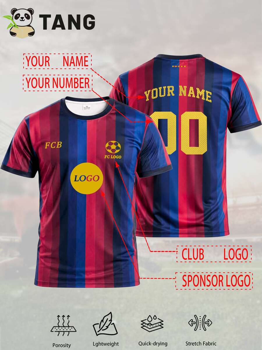 Barca Style Customized Men's Football Jersey & Customizable Name And Number & Round Neck Lightweight Football Sports Top & Suitable For Football Matches, Training, Casual Wear, Gift Giving