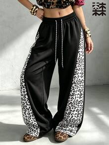 mulinsen Women's Straight Leg Joggers, Elastic Drawstring Waist, Pink Leopard Print Side Stripe Casual Sweatpants - White - View 3