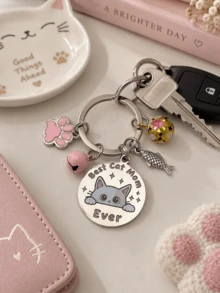 The Best Cat Mom Color Printed Keychain With Claws, Fish, And Bell Design, A Unique Animal Themed Accessory For Cat Enthusiasts And Pet Owners - Multicolor - View 7
