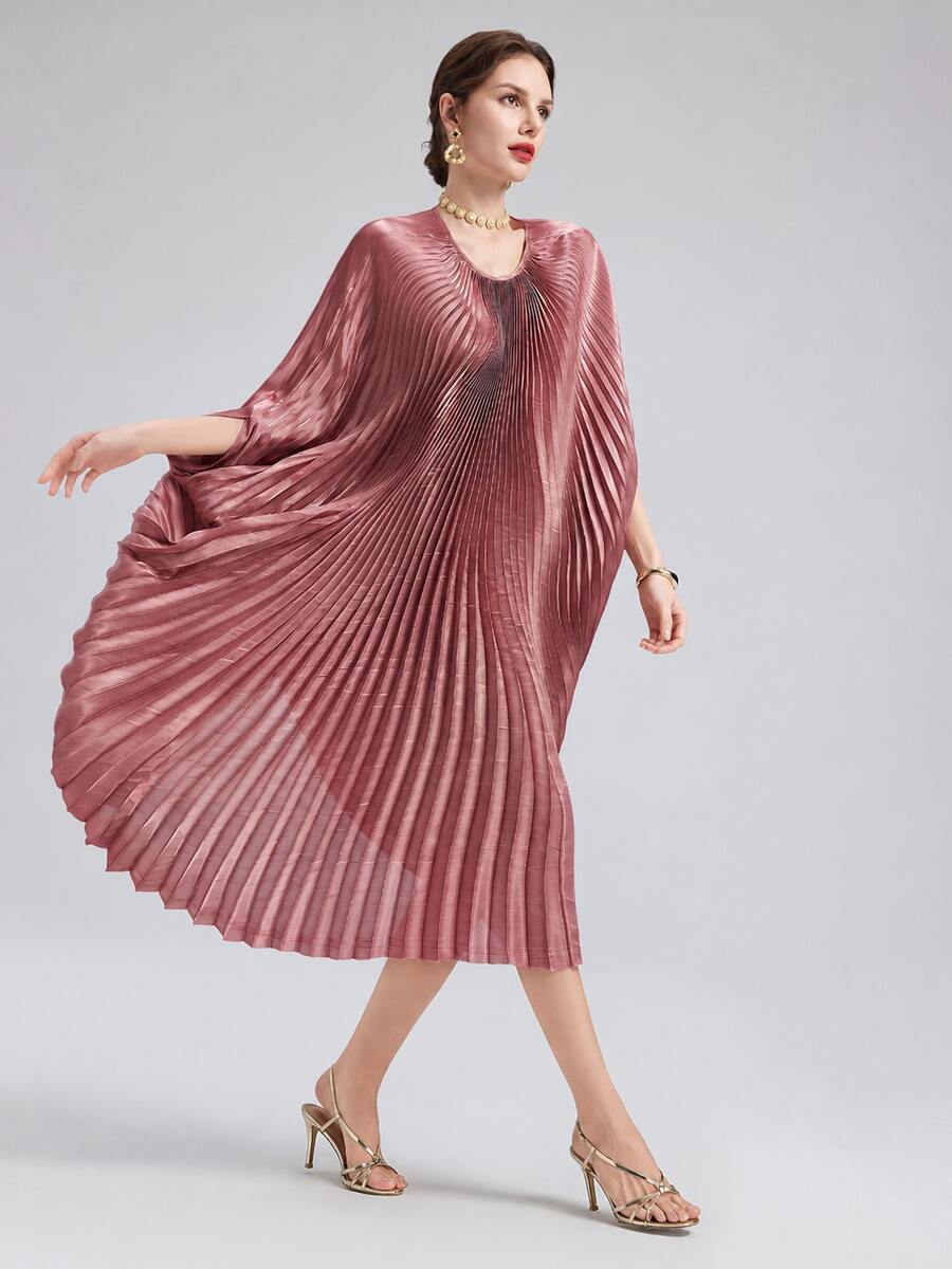 Rich Radi Q's Gaun Kaftan Premium Wanita Panjang Sedang, Leher Bulat Lengan Panjang Tenun Bertekstur, Pilihan Busana Elegan dan Pernyataan Mode - Berwarna merah muda - View 1