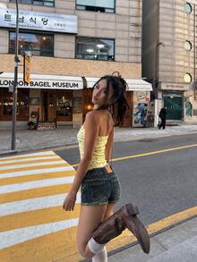 YEAE | Low Waist Distressed Denim Shorts - Elastic Comfortable Fashion Design - Dark Wash - View 4