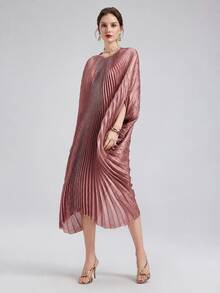 Rich Radi Q's Gaun Kaftan Premium Wanita Panjang Sedang, Leher Bulat Lengan Panjang Tenun Bertekstur, Pilihan Busana Elegan dan Pernyataan Mode - Berwarna merah muda - View 3